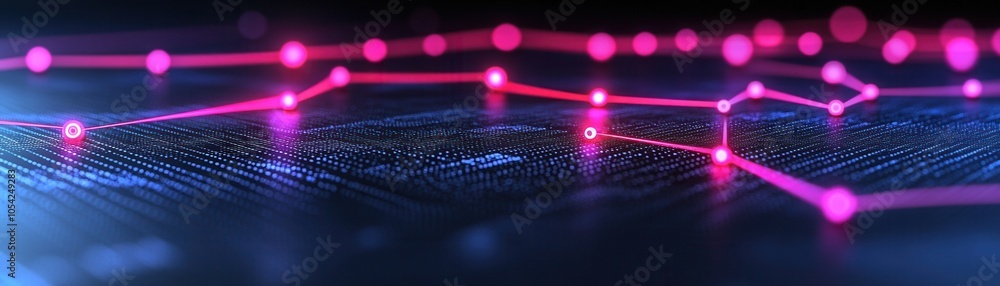 Poster abstract digital design featuring glowing pink lines on a dark background, representing technology a