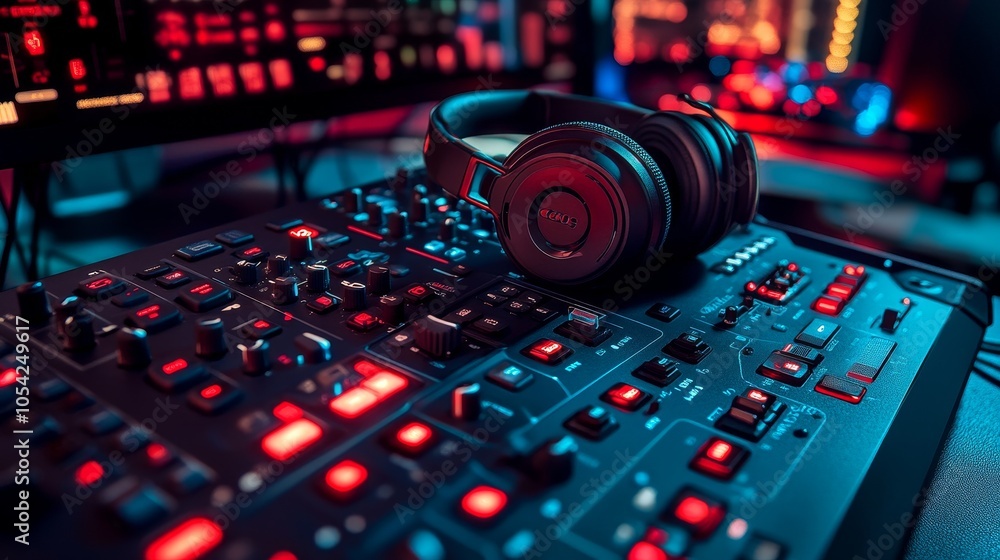 Poster a close-up of a music production setup featuring headphones and a control panel with illuminated but