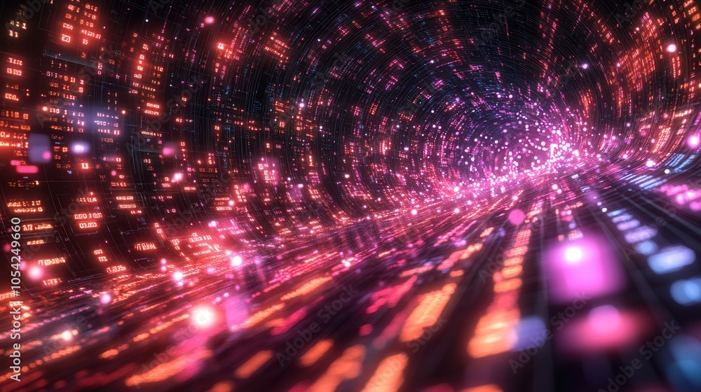Poster abstract digital tunnel with vibrant colors and glowing lights representing speed and technology in 