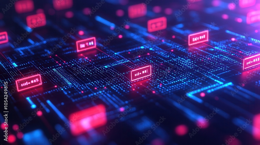 Poster abstract digital network graphic featuring glowing circuits and data labels in vibrant neon colors.