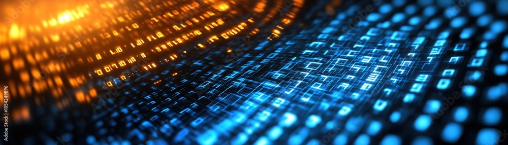 Poster abstract digital wave pattern with bright blue and orange colors, representing technology and data f