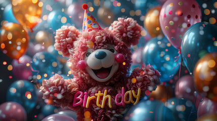 Fototapeta premium Happy gift. Festive background of colorful balloons and confetti. Happy Birthday. Plush teddy bear with party hat and gifts in Birthday celebration
