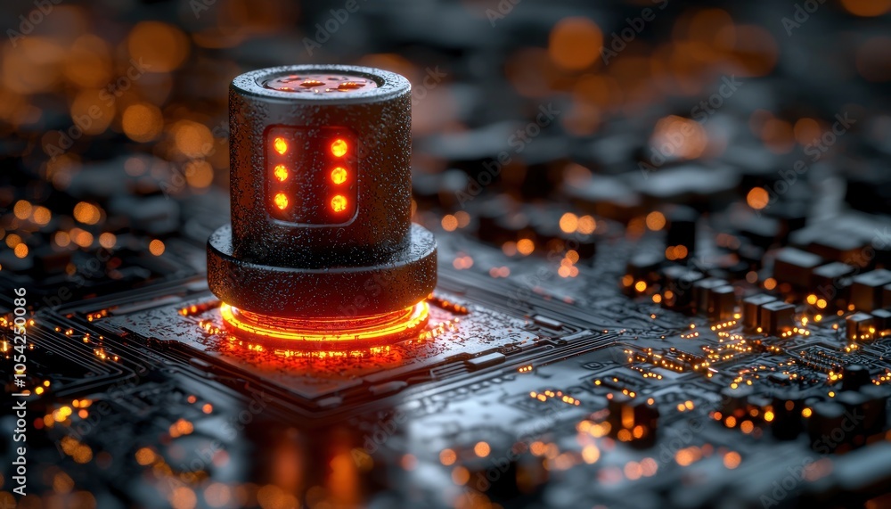 Poster glowing metallic component on a circuit board