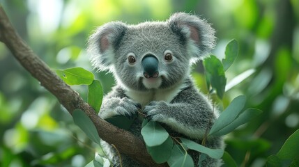 Obraz premium 4K A cute koala bear cuddling a tree branch, surrounded by bright green eucalyptus leaves.