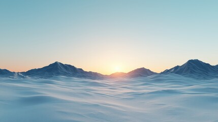 A serene winter landscape with snow-covered mountains and a vibrant sunrise in the background.