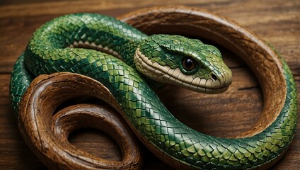 Obraz premium Detailed wooden snake carving in various green shades.