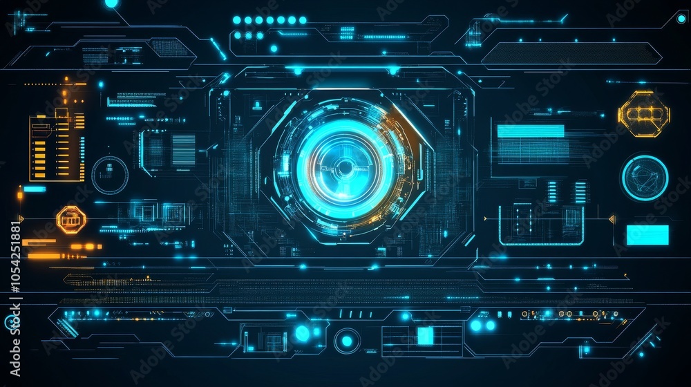 Poster futuristic digital interface with glowing elements and data displays for technology applications.