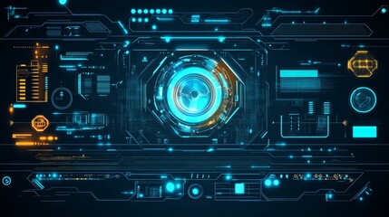 Futuristic digital interface with glowing elements and data displays for technology applications.