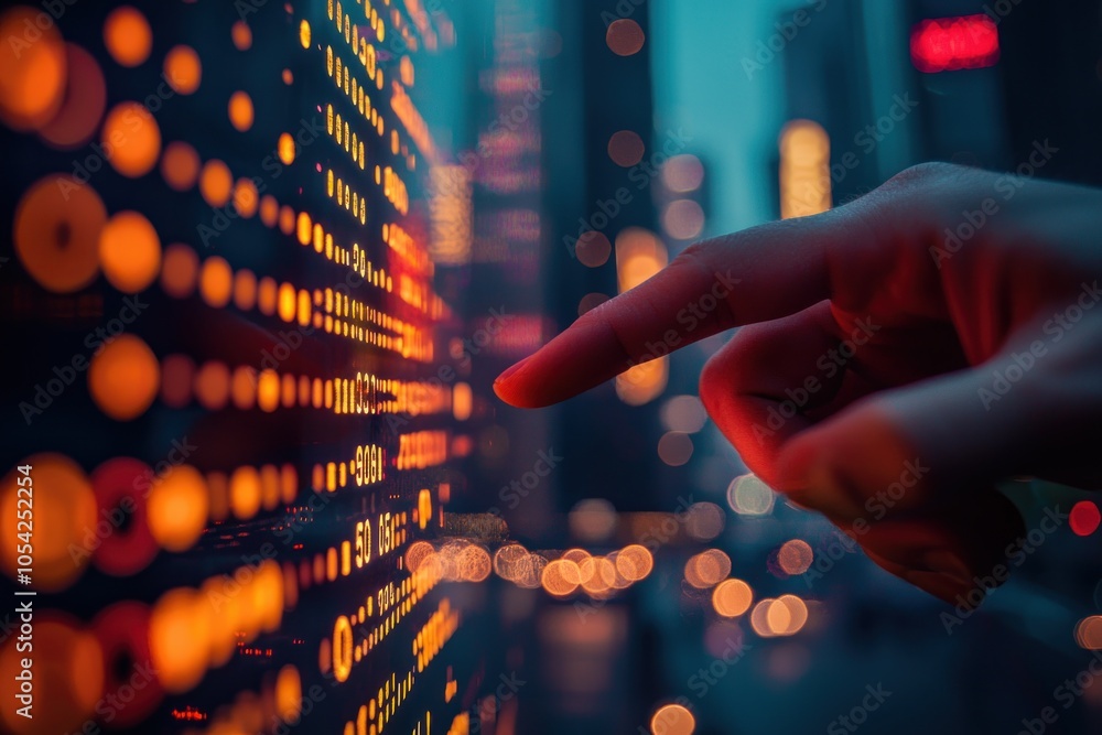 Poster finger tracing digital data on a screen with city lights in the background