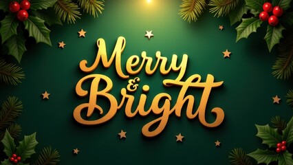 Posters with inspirational holiday quotes. Festive \"Merry & Bright\" lettering in golden hues is surrounded by holly leaves and red berries on a green background, embellished with stars.