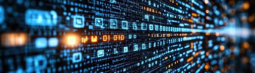 Fototapeta premium Abstract representation of digital data flow with glowing binary numbers, perfect for technology and data-related themes.