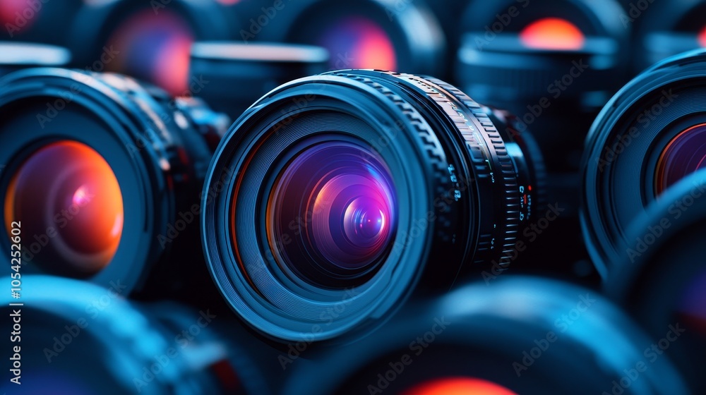 Poster close-up view of camera lenses arranged in a visually appealing pattern.