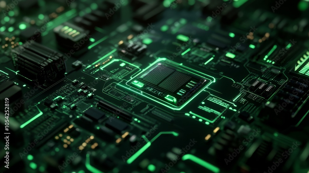 Poster a close-up view of a green-lit circuit board showcasing intricate electronic components.