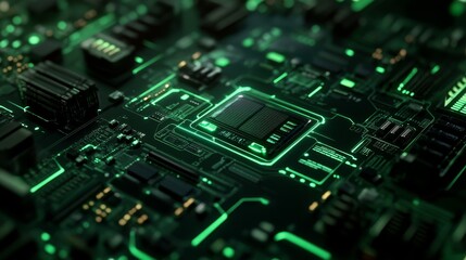 A close-up view of a green-lit circuit board showcasing intricate electronic components.