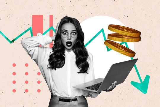 Composite trend artwork 3D sketch image photo collage of arrow trader business rich money coin loss decrease young lady omg face laptop