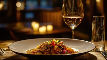 Elegant Dinner Plate with Wine in Soft Lighting