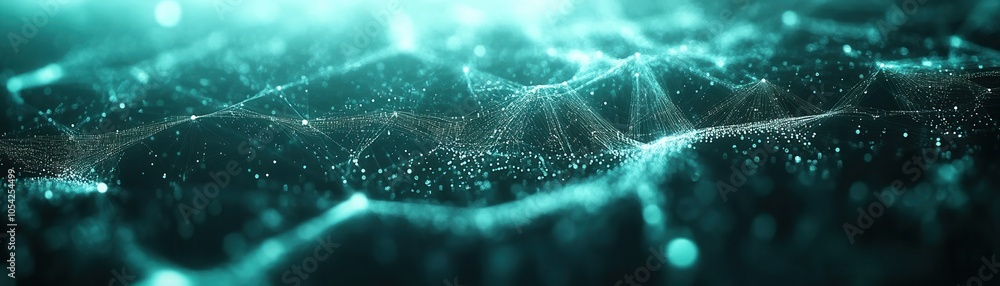 Aufkleber abstract visual of glowing particles and waves, creating a dynamic digital landscape in teal hues.