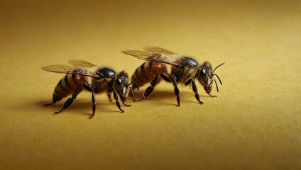 Fototapeta premium Four bees arranged on a yellow background.