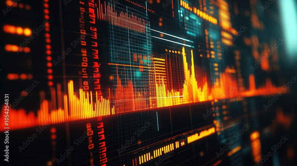 Poster abstract visualization of data trends with vibrant orange color against a dark background, showcasin