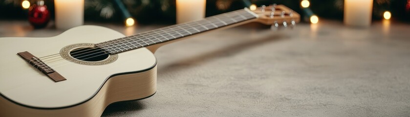Fototapeta premium Acoustic guitar on a rustic table with warm, festive lights in the background.