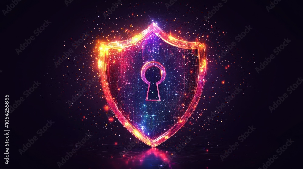 Poster glowing shield with keyhole and sparkles