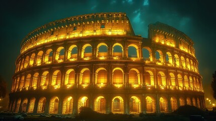 Naklejka premium 4K A nighttime shot of the Colosseum in Rome, with golden lights illuminating the ancient structure.