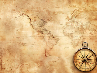 old map of the world with an antique compass placed on it, symbolizing exploration and adventure. used as a backdrop for travel tickets or holiday imagery, adding vintage charm