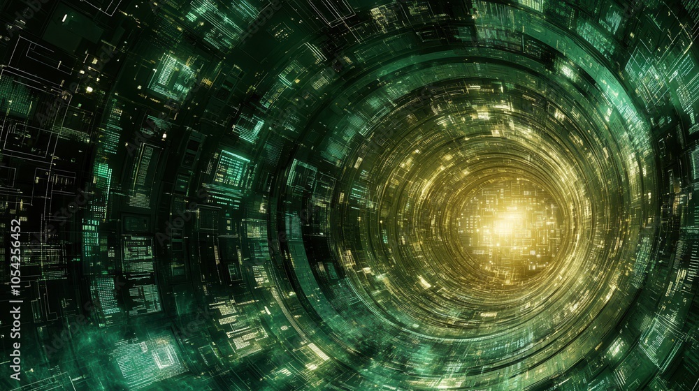 Poster an abstract digital tunnel with vibrant green hues and glowing light, creating a futuristic and imme