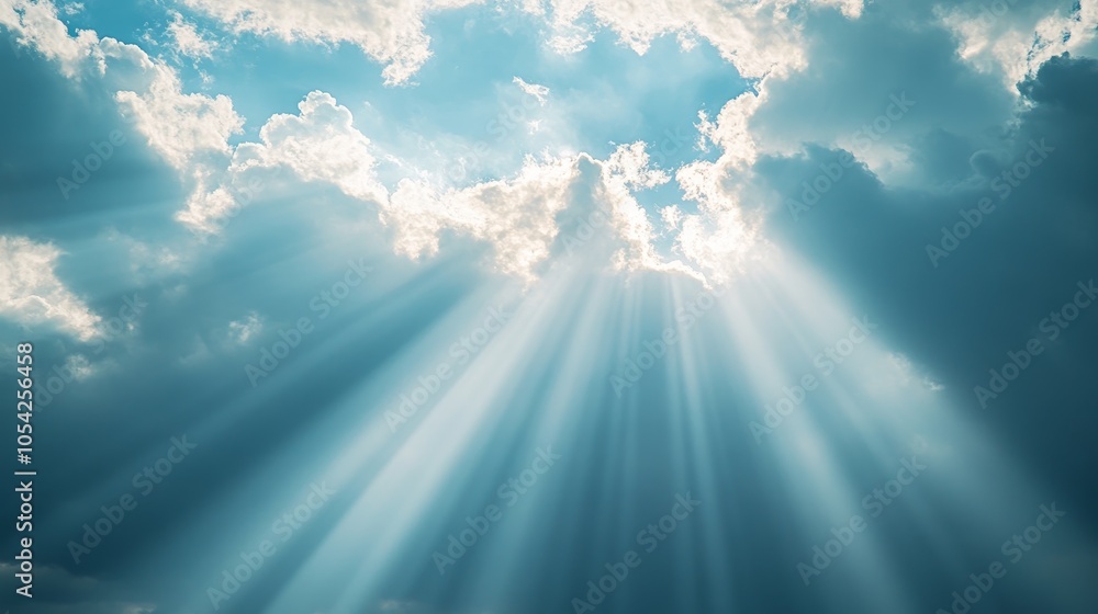 Poster a serene sky with rays of sunlight piercing through clouds, creating a tranquil atmosphere.