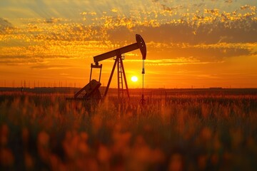 Naklejka premium Oil Well Pump Silhouetted Against Sunset Sky