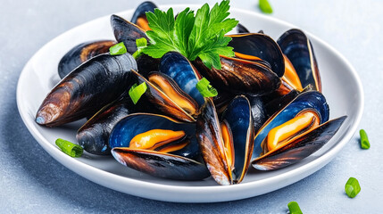 Steamed mussels with parsley in a ceramic bowl on a white background.