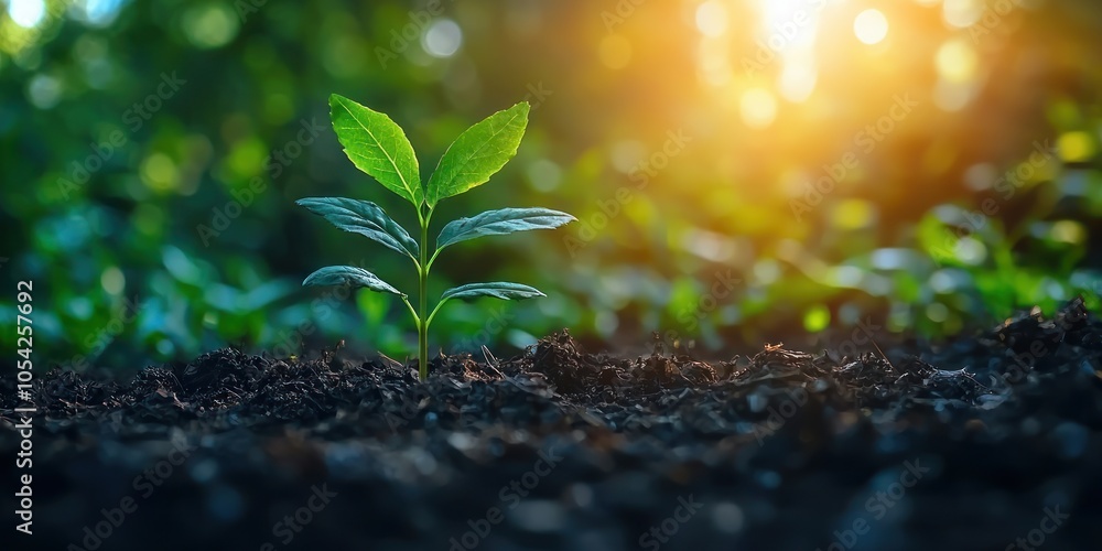 Aufkleber a single green sprout emerging from dark soil with a sunlit background