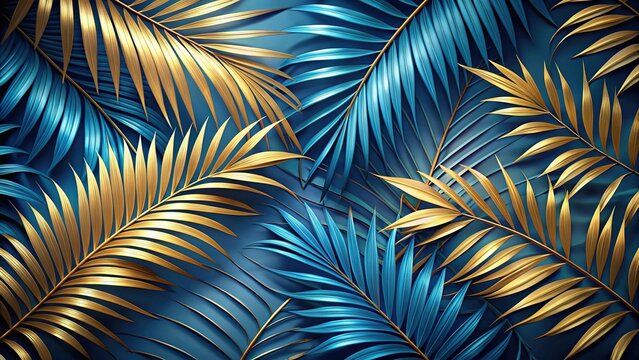 Wallpaper made of palm leaves in blue and gold with photorealistic pastiche style