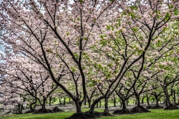 Fototapeta premium Cherry blossom trees losing their petals while green leaves start to sprout, Ai Generated