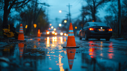 High Viz Road Cones Alert Traffic to Fallen Power Line After Storm, Contractors Work in Background