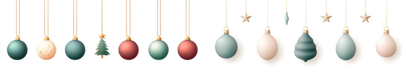 Colorful Christmas ornaments hanging on a white isolated background.