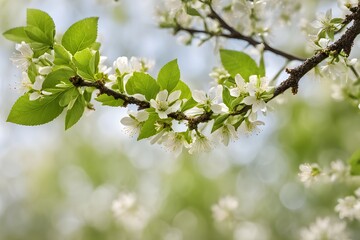 Obraz premium Close-up of a tree branch with a mix of fresh green leaves and fading blossoms, AI Generated