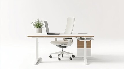 Fototapeta premium A white background setup featuring a modern, minimalist desk and office chair. The desk holds only a laptop and a small potted plant, perfect for a professional home workspace.