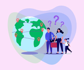 Fototapeta premium Happy family choosing relocation destination next to globe. Planet with geolocation pins, husband, wife, daughter with suitcase and bags for moving vector illustration. Relocation, immigration concept