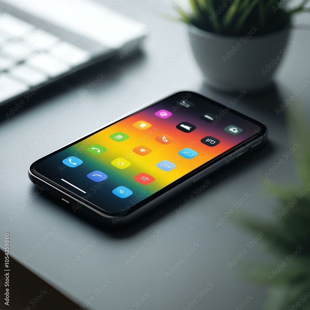 Aufkleber modern smartphone with colorful apps displayed on desk with keyboard and plant.