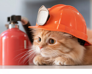 A cute cat wearing an orange helmet with a light, resting next to a fire extinguisher, showcasing a playful and humorous take on safety themes.