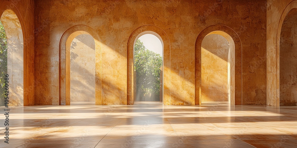 Poster Sunlit Interior with Arched Windows and a View of Trees