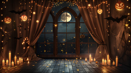 Fototapeta premium backdrop for photography, with an arched window at the top of it, glowing moonlight outside, candles on the floor in front of them, spider web and bat-shaped lights as decoration, Halloween pumpkins 