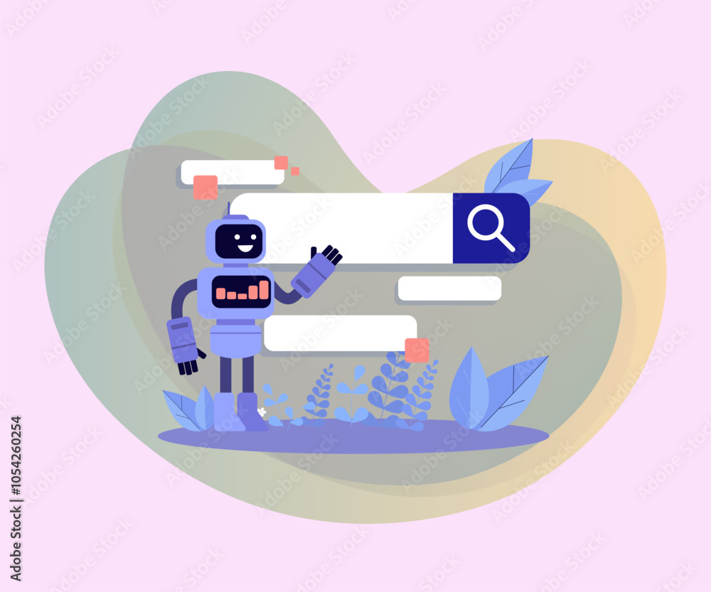 Poster happy robot presenting browser search bar vector illustration. online web search engine with ai help