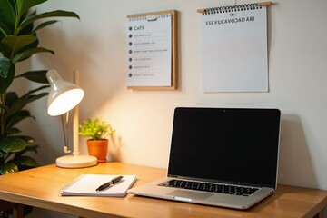 Fototapeta premium Cozy home office desk setup with laptop, lamp, and plant for productivity and inspiration.