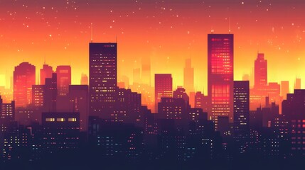 Naklejka premium A vibrant city skyline at sunset, showcasing silhouettes of buildings against a colorful sky.