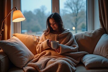 Fototapeta na wymiar Cozy autumn evening with a warm blanket and hot beverage by the window.