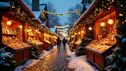 Holiday fairs in Europe. Cozy Christmas market at dusk, snowy path lined with lit stalls full of decorations and treats, a snowy church tower in the background.