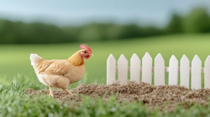 Fototapeta premium A small chicken grazes in a grassy field near a white picket fence, capturing a serene rural scene.