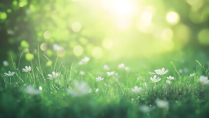 Obraz premium The background features a blurred green grass field with small white flowers, creating an abstract and dreamy atmosphere